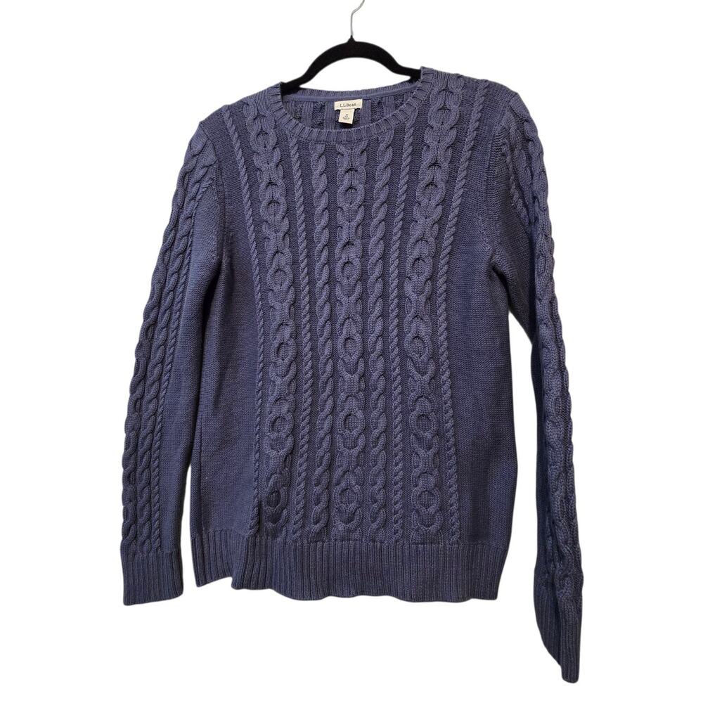 LL Bean Double Cable Knit Sweater Women M Blue Cotton Chunky Fishermans Preppy